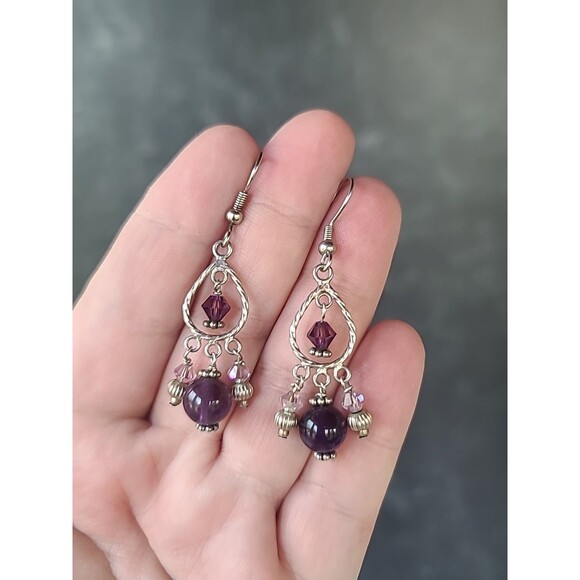 925 Sterling Silver Amethyst And Rhinestone Beaded Dangling Pierced Earrings - Picture 1 of 10